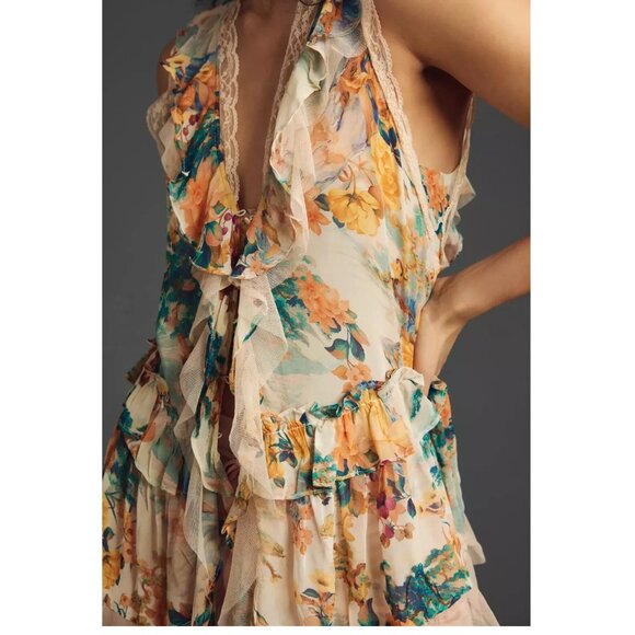 By Anthropologie Sleeveless Trailing Ruffle Blouse Floral Print Lace Trim Large - Picture 4 of 12